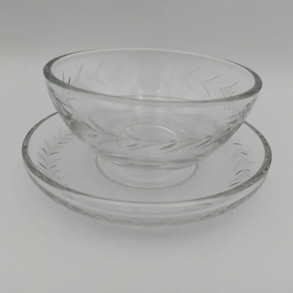 Vintage Anchor Hocking Laurel Gray Cut Clear Glass Footed Dessert BowlPlate Set
